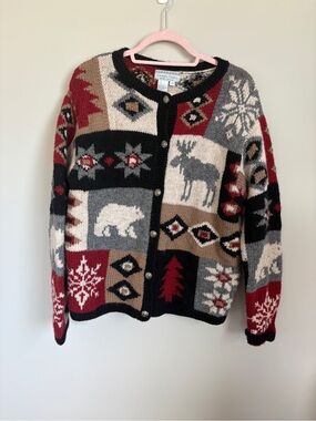 100% Wool Nomadic Traders Patchwork Moose & Bear Cardigan Sweater